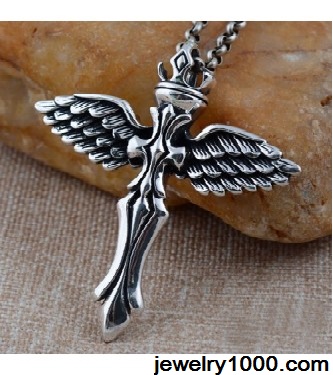 Men's Sterling Silver Cross Wings Necklace 